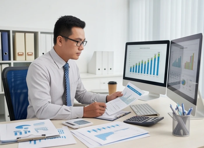 Chuyên viên tài chính tuổi Sửu tỉ mỉ kiểm tra biểu đồ số liệu kế toán trên màn hình máy tính