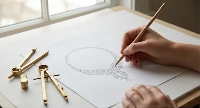 Đôi bàn tay khéo léo đang phác thảo tỉ mỉ bản vẽ thiết kế dây chuyền trang sức trên mặt giấy