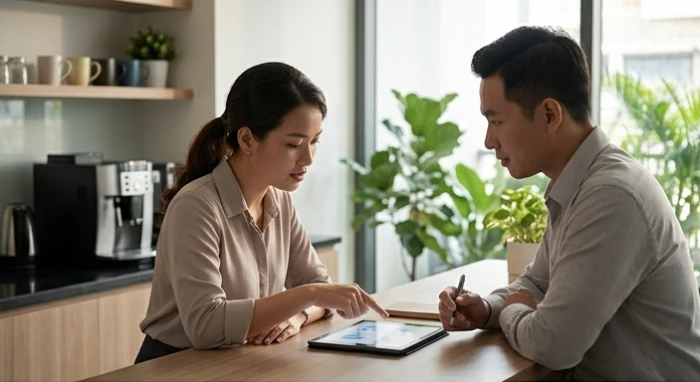Hai đồng nghiệp trò chuyện riêng tư và chia sẻ báo cáo công việc một cách khách quan tại khu vực bàn trà