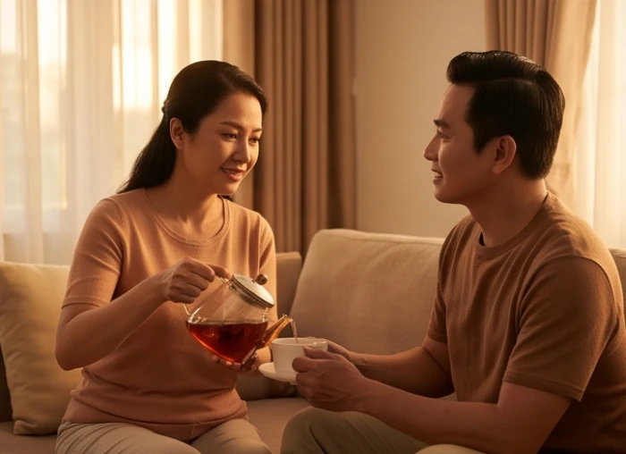 Người vợ nhẹ nhàng rót tách trà nóng và trò chuyện cùng chồng trong không gian phòng khách ấm cúng