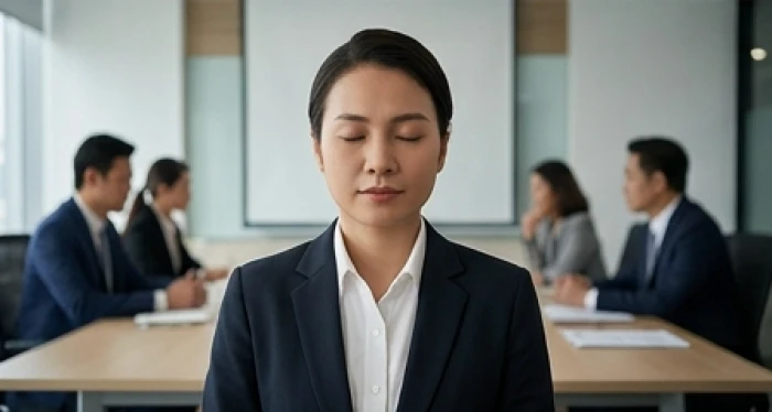 Nhân viên văn phòng nhắm mắt hít thở sâu để kiểm soát cảm xúc trước khi phát ngôn trong cuộc thảo luận công việc
