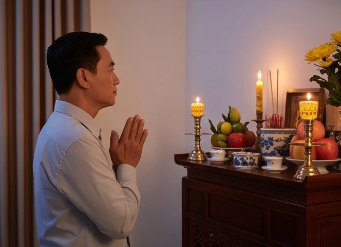 Gia chủ nam giới đứng trang nghiêm chắp tay hành lễ trước mâm cúng sao Thổ Tú hướng về phía Tây