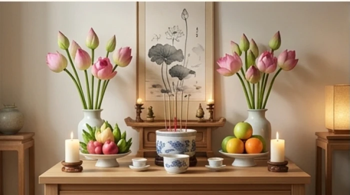 Mâm lễ cúng sao giải hạn giản tiện trang nghiêm với hoa tươi trái cây và đèn thắp sáng trang trọng