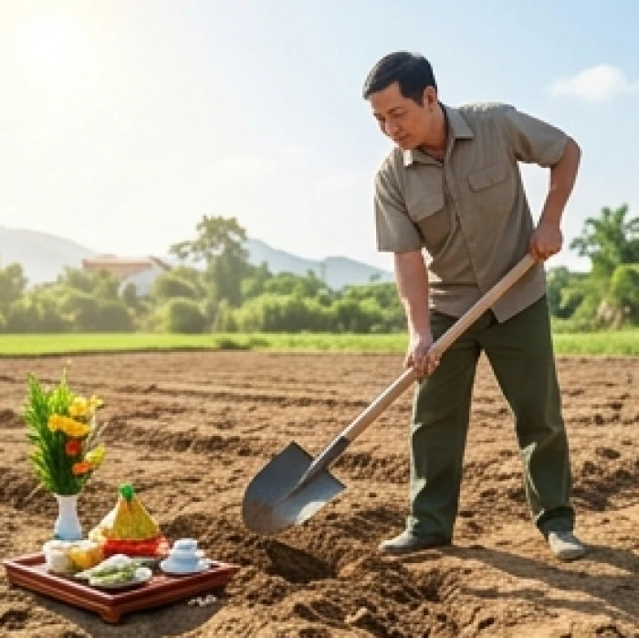 Nghi thức cuốc đất tượng trưng trong ngày động thổ xây dựng nhà mới dưới bầu trời trong xanh buổi sáng