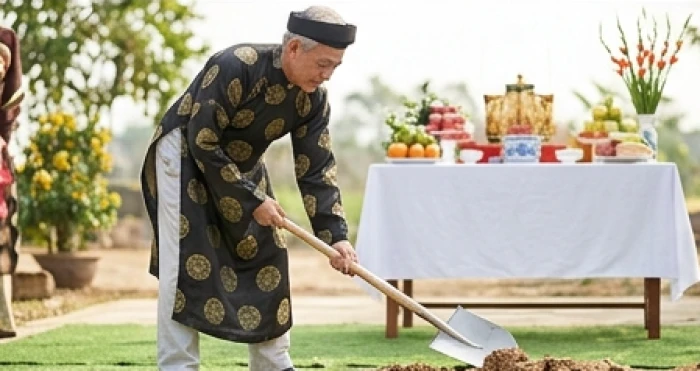 Nghi lễ cuốc đất động thổ xây nhà do người được mượn tuổi thực hiện chuẩn xác để đảm bảo phong thủy cho gia chủ Ất Sửu