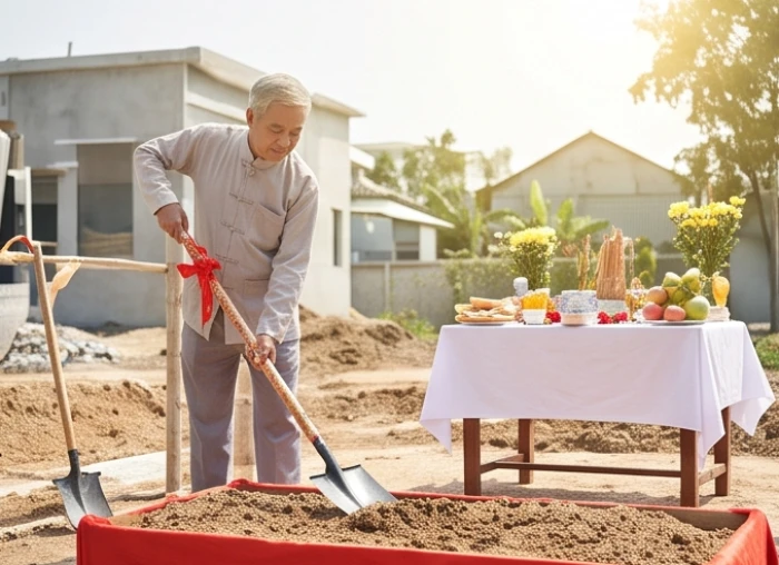 Nghi thức động thổ khởi công xây nhà diễn ra trang trọng với sự đại diện của người có tuổi hợp phong thủy