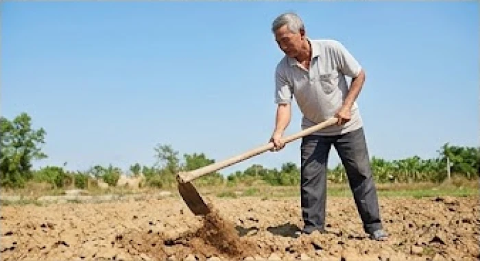 Người đàn ông lớn tuổi được mượn tuổi đang cầm cuốc thực hiện nghi thức động thổ xây nhà mới