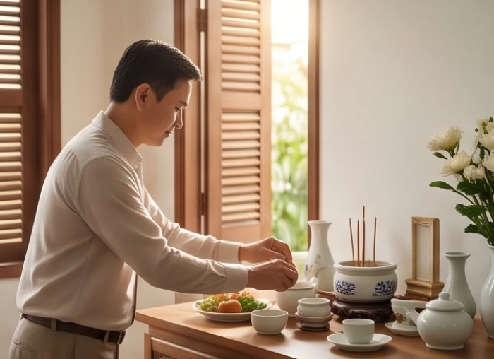 Gia chủ chuẩn bị trang nghiêm gian thờ gia tiên để làm lễ nghênh đón cát tinh Mộc Đức