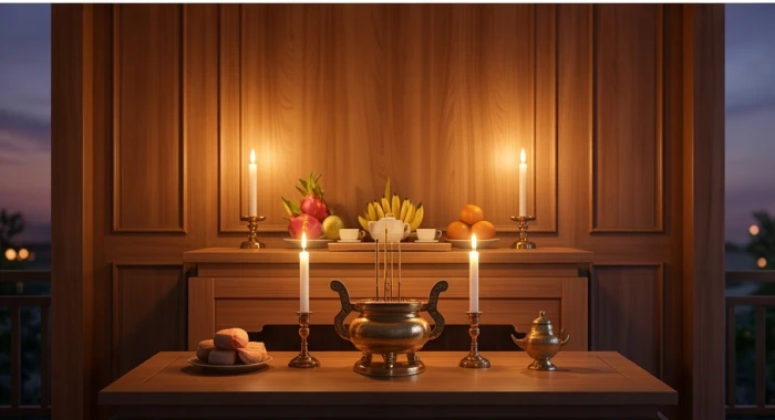 Không gian ban thờ gia tiên trang nghiêm hướng Tây với ánh nến lung linh lúc hoàng hôn