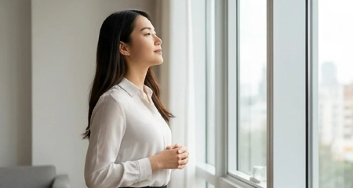 Một người đang hít thở sâu và nhìn ra ngoài cửa sổ để cân bằng lại trạng thái tinh thần