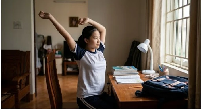 Học sinh đứng vươn vai thư giãn nhẹ nhàng sau một khoảng thời gian dài ngồi tập trung làm bài tập tại nhà