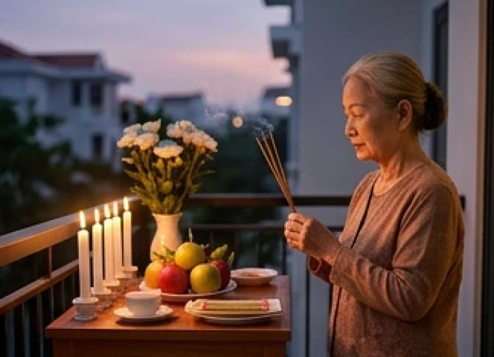 Gia chủ thành tâm thắp hương khấn nguyện trước linh án quay về hướng chính Tây vào tối ngày rằm mười lăm