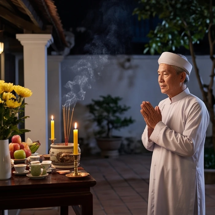 Gia chủ lớn tuổi trang phục chỉnh tề chắp tay thành kính chắp nhang làm lễ dâng sao trước bàn thờ ngoài trời