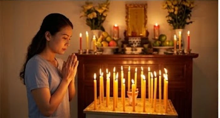 Người phụ nữ thành tâm chắp tay khấn nguyện trước bàn lễ cúng sao Kế Đô được thắp sáng rực rỡ