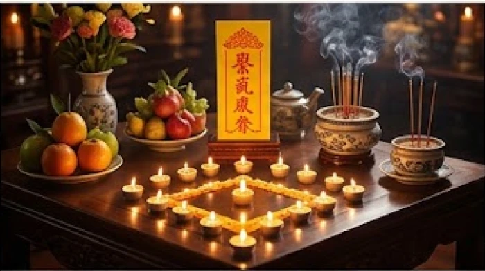 Mâm cúng dâng sao Kế Đô với nến xếp hình và bài vị màu vàng theo nghi thức cúng sao giải hạn tuổi Ngọ