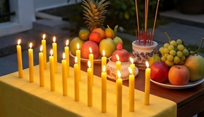 Mâm cúng sao Kế Đô gồm hai mươi mốt ngọn nến màu vàng xếp trên tấm vải sạch đặt xoay về hướng chính Tây