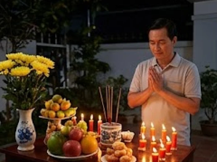 Phụ huynh thành kính vái lạy trước hương án hướng Đông nghênh đón sao Thái Dương độ mệnh cho con