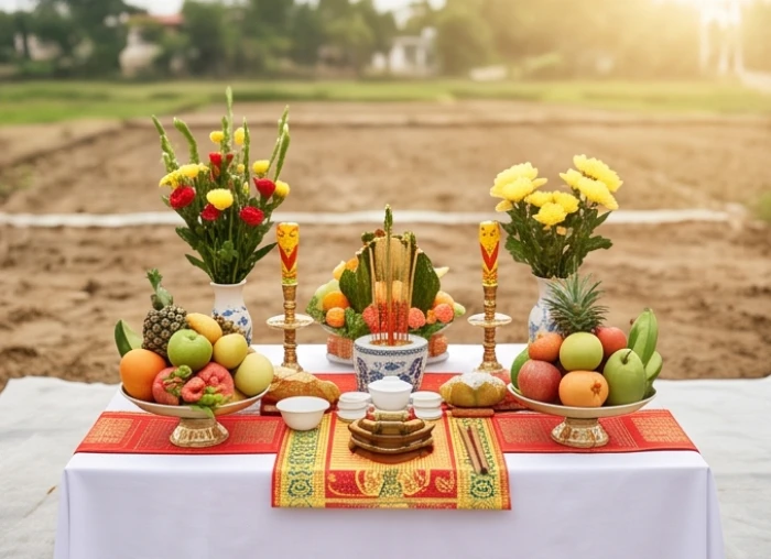 Nghi thức động thổ xây nhà được chuẩn bị chu đáo với mâm cúng trang trọng ngoài trời