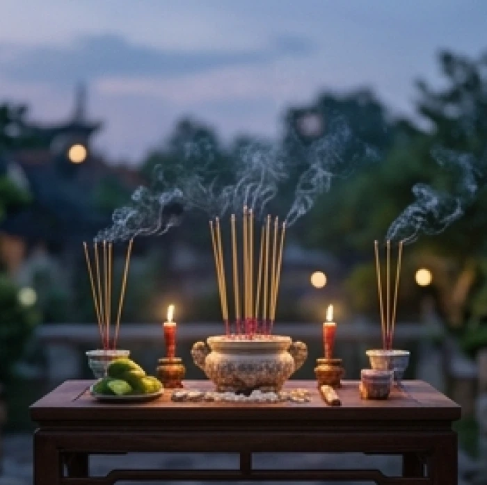Bàn hương án lập ngoài trời với khói nhang trầm lan tỏa trong nghi thức dâng sao giải hạn đầu năm
