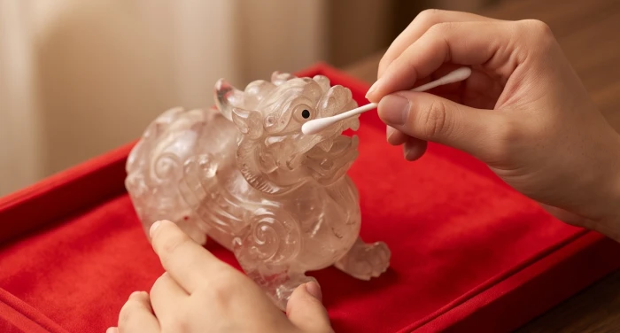 Đôi tay dùng tăm bông sạch chấm nước cốt chanh loãng lên mắt trái và phải của tượng tỳ hưu đá
