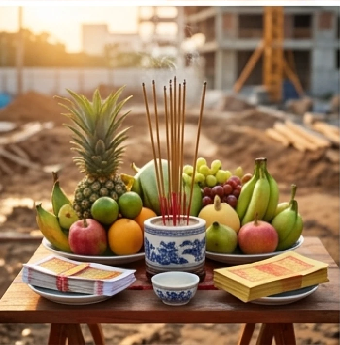 Mâm cúng động thổ xây nhà với hoa quả, nhang đèn và vật phẩm phong thủy được chuẩn bị tươm tất.