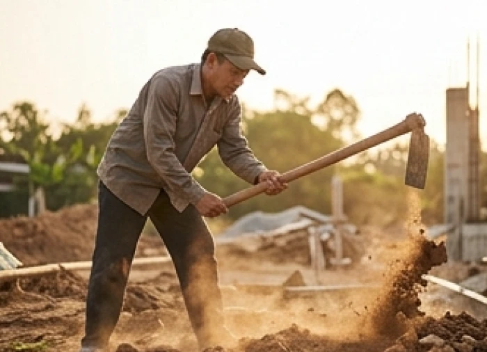 Một người đàn ông trung niên khỏe mạnh đang cẩn thận bổ những nhát cuốc đầu tiên xuống nền đất để làm lễ động thổ