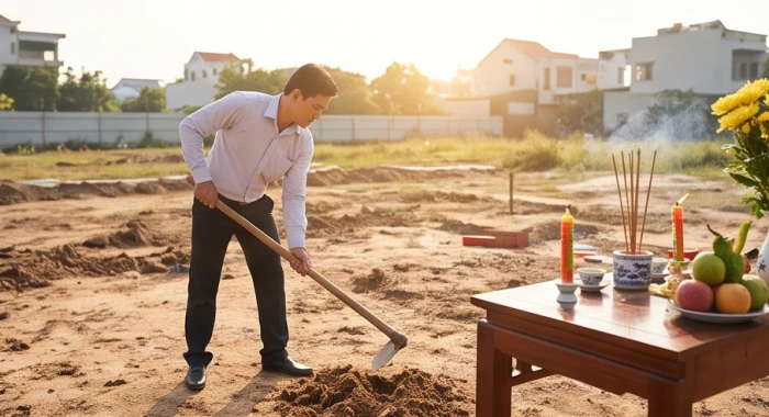 Người nam giới đại diện cuốc những nhát đất đầu tiên trong nghi lễ động thổ xây dựng nhà mới