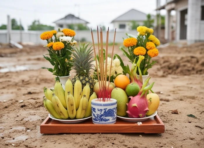 Nghi lễ cúng động thổ xây dựng nhà ở với mâm ngũ quả và hương hoa được trang hoàng trang trọng trên khu đất mới