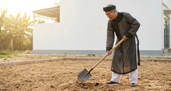 Người nam giới lớn tuổi hợp mệnh đang thực hiện nghi thức cuốc đất động thổ khởi công xây nhà cho gia chủ 1998