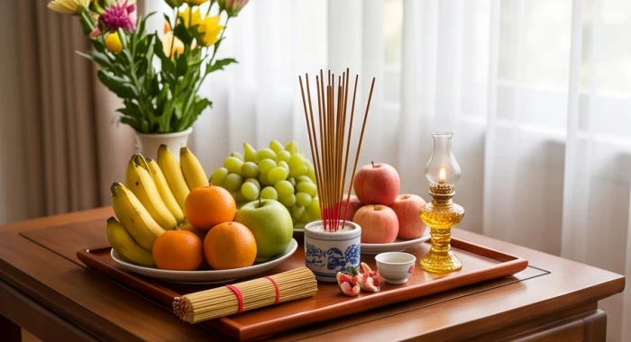 Khay lễ vật tươm tất với hoa quả và nhang đèn dùng cho nghi thức động thổ xây dựng nhà ở mới
