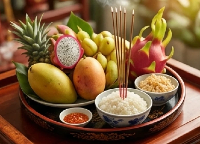 Chuẩn bị mâm lễ tươm tất với hoa quả và xôi chè cho nghi thức động thổ công trình mới