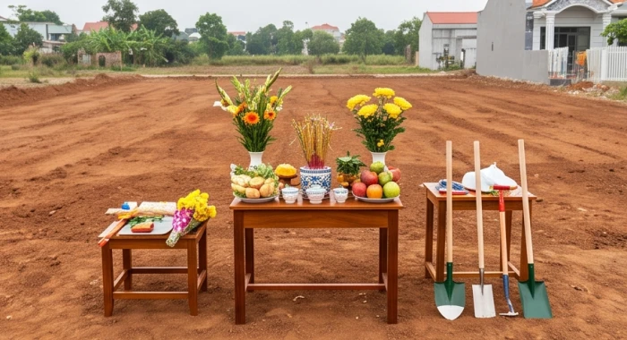 Nghi lễ cúng động thổ xây dựng công trình nhà ở mới với mâm lễ vật tươm tất ngoài trời