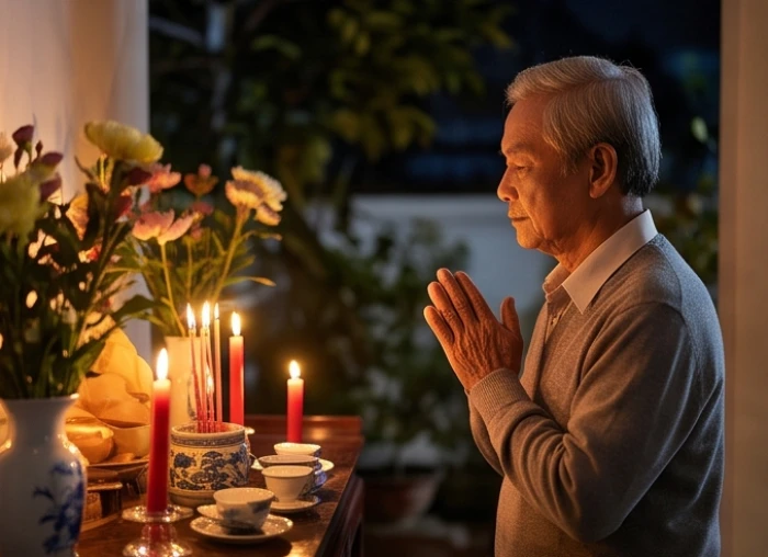 Gia chủ chắp tay trang nghiêm thành kính đứng trước bàn thờ cúng dâng sao giải hạn