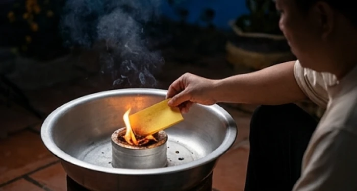 Đốt bài vị vàng mã và rắc muối gạo sạch ra hướng ban công sau khi hoàn tất nghi thức cúng sao giải hạn