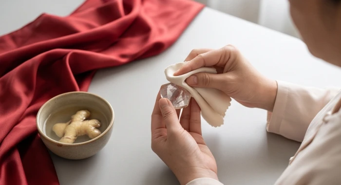 Người nhà dùng khăn sạch và nước gừng để lau chùi cẩn thận vật phẩm phong thủy trước khi phủ vải đỏ