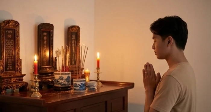 Gia chủ thành tâm chắp tay đọc văn khấn cúng giải hạn sao chiếu mệnh trước mâm lễ vật phong thủy truyền thống