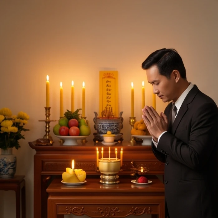 Người đàn ông trang phục chỉnh tề đứng chắp tay trang nghiêm trước bàn thờ cúng giải sao vào giờ Tý