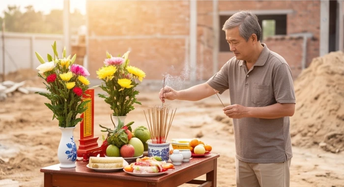 Người được mượn tuổi thay mặt gia chủ Kỷ Hợi thắp hương làm lễ động thổ xây nhà trên khu đất mới