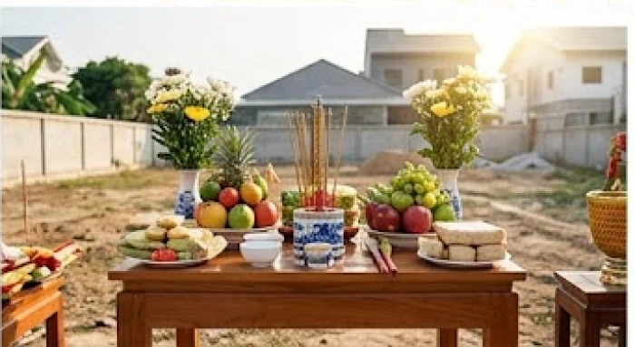 Nghi thức động thổ xây nhà khánh thành với mâm cúng trang trọng được thực hiện đúng phong thủy