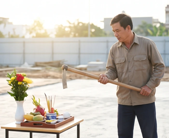 Nghi thức động thổ xây nhà do người nam giới hợp tuổi đại diện thực hiện thay cho gia chủ Tân Hợi