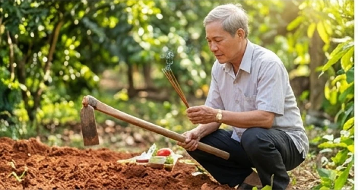 Người lớn tuổi được mượn tuổi làm lễ dâng hương và thực hiện nhát cuốc động thổ cát tường