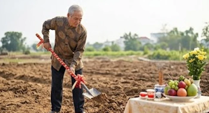 Nghi thức cuốc đất động thổ xây nhà ở hướng Tây Bắc được thực hiện trang nghiêm trong buổi sáng trời quang