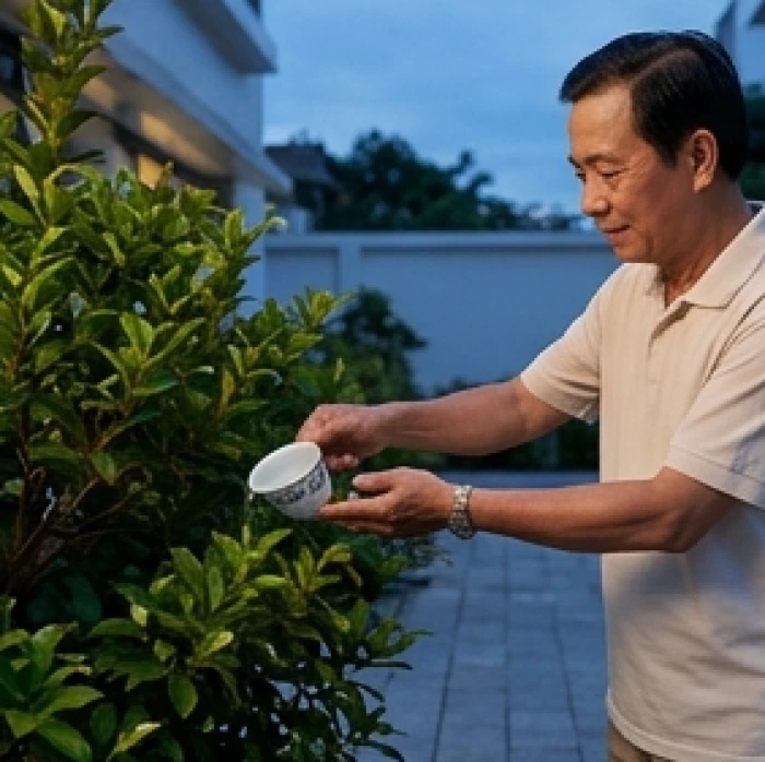 Gia chủ cẩn thận tưới phần nước cúng thanh tịnh xuống gốc cây xanh trước nhà để hoàn tất nghi lễ giải sao bình an