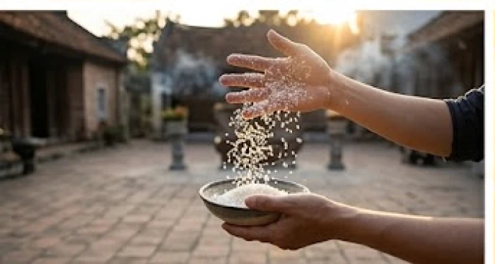 Nghi thức hóa vàng và rải gạo muối xung quanh khu vực cúng nhằm xua tan năng lượng tiêu cực