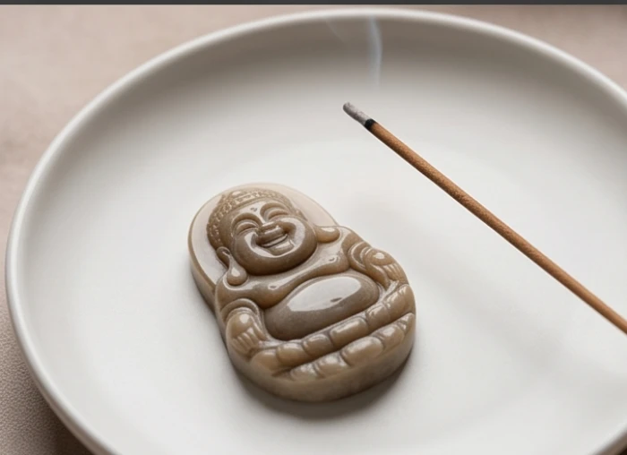 Mặt Phật được đặt trang trọng trên chiếc đĩa sạch bên cạnh nén nhang trầm đang tỏa khói nhẹ
