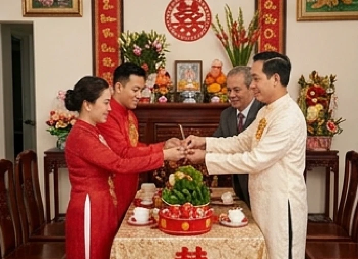 Nghi thức dâng trà và tráp trầu cau truyền thống trong lễ xin dâu giúp hóa giải hạn Kim Lâu cho cô dâu tuổi Hợi