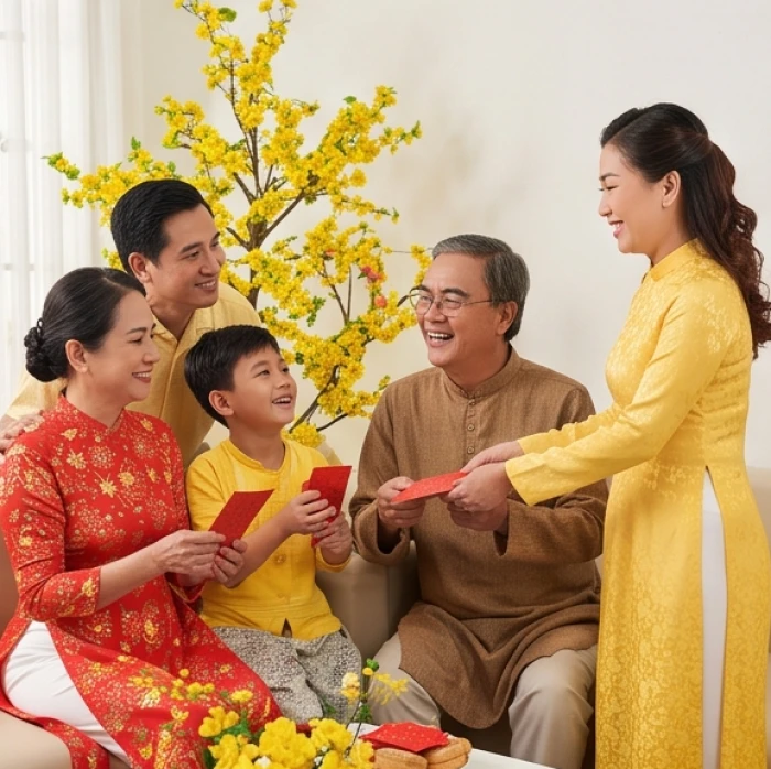 Gia chủ vui vẻ đón khách đến xông đất chúc tết và trao phong bao lì xì đỏ may mắn tại phòng khách sáng sủa đầu năm