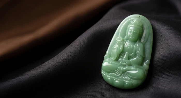 Mặt phật Phổ Hiền Bồ Tát bằng đá ngọc bích Nephrite màu xanh lục mài nhẵn bề mặt cabochon cho người tuổi Mậu Thìn