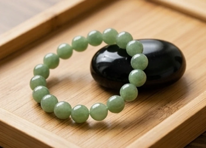 Vòng tay ngọc bích xanh lá bóng mịn đặt cạnh viên đá obsidian đen tự nhiên hỗ trợ người mệnh mộc