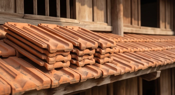 Những viên ngói đất sét nung đỏ kiên cố xếp trên mái nhà truyền thống mang đặc tính ốc thượng thổ